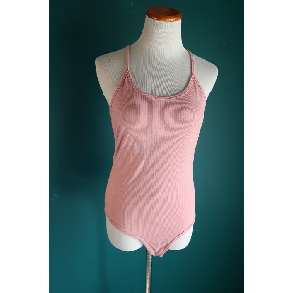 Double Zero Light Pink Ribbed Strappy Back Bodysuit Minimalist Sexy Large